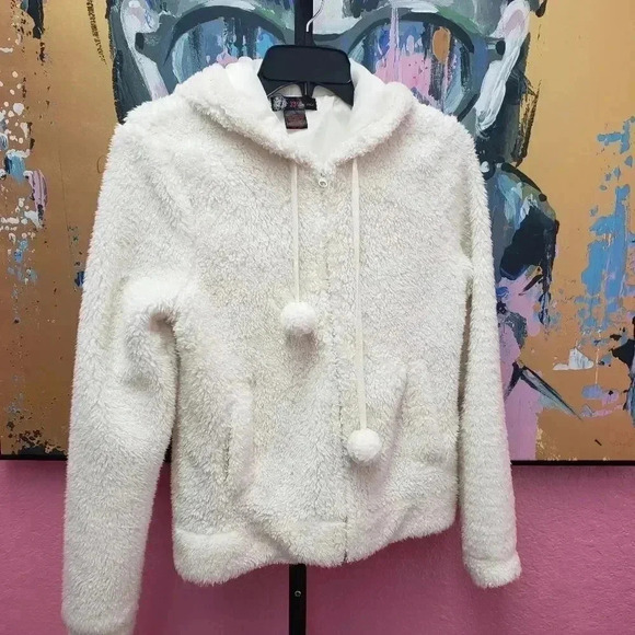 Cream Color Fleece Zip Up Hoodie Size Medium - Picture 1 of 4